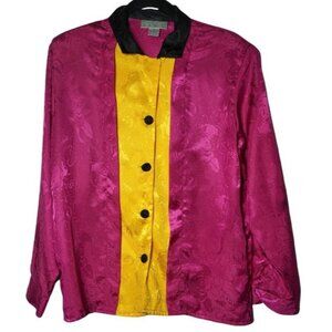 Point & Line Womens‎ Button Front Long Sleeve Top Size 8 Silky Colorblock Artsy